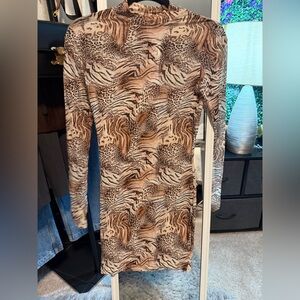 Animal Print Long Sleeve sheer Bodycon Dress in Brown